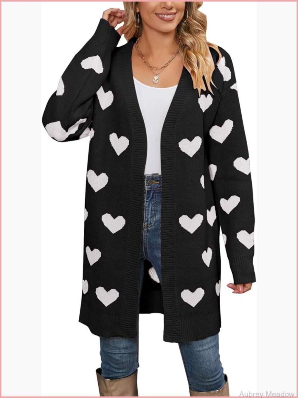 V Neck Open Front Ribbed Knit Heart Print Long Sleeve Cardigan Coat